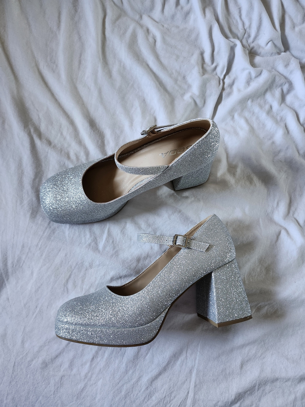 Soda Silver Glitter Block Heel Mary Jane Platforms
